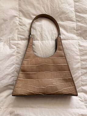 STAUD Rey Croc Embossed Leather Shoulder Bag Taupe Beige